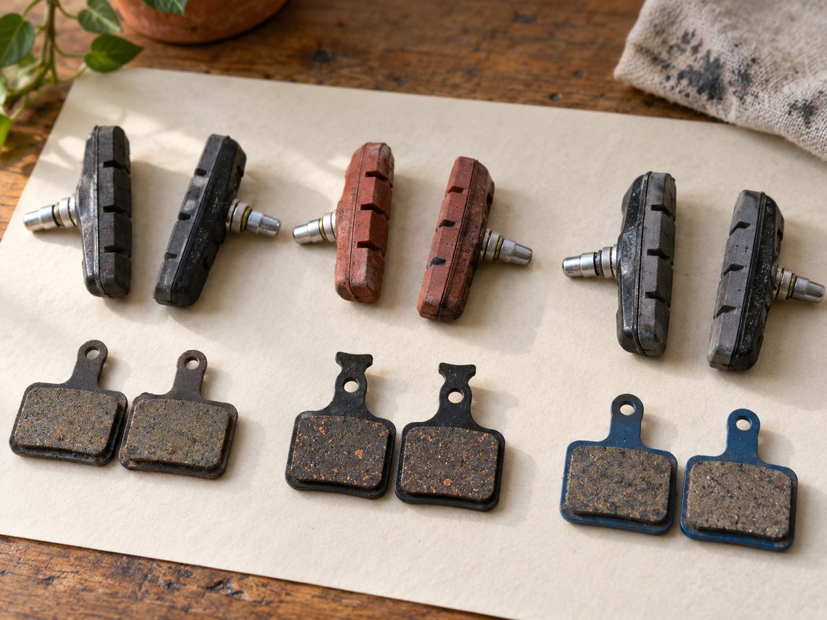 Rim and disc brake pads arranged in rows on cream paper